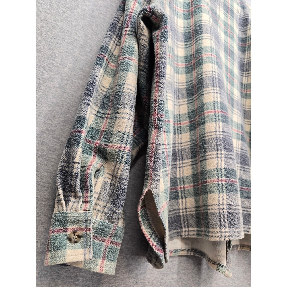 LL Bean Mens XL Vintage Plaid Flannel Button Down Shirt Shacket Blue Cream 0S475